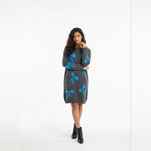 Vintage 80s Stitch by Stitch Blue Bow Long Sleeve Knee Length Black Dress Size M